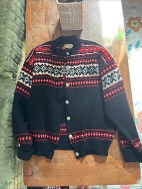 Vintage gresvig norwegian Wool Fair Isle Button Cardigan Sweater - Black/Red